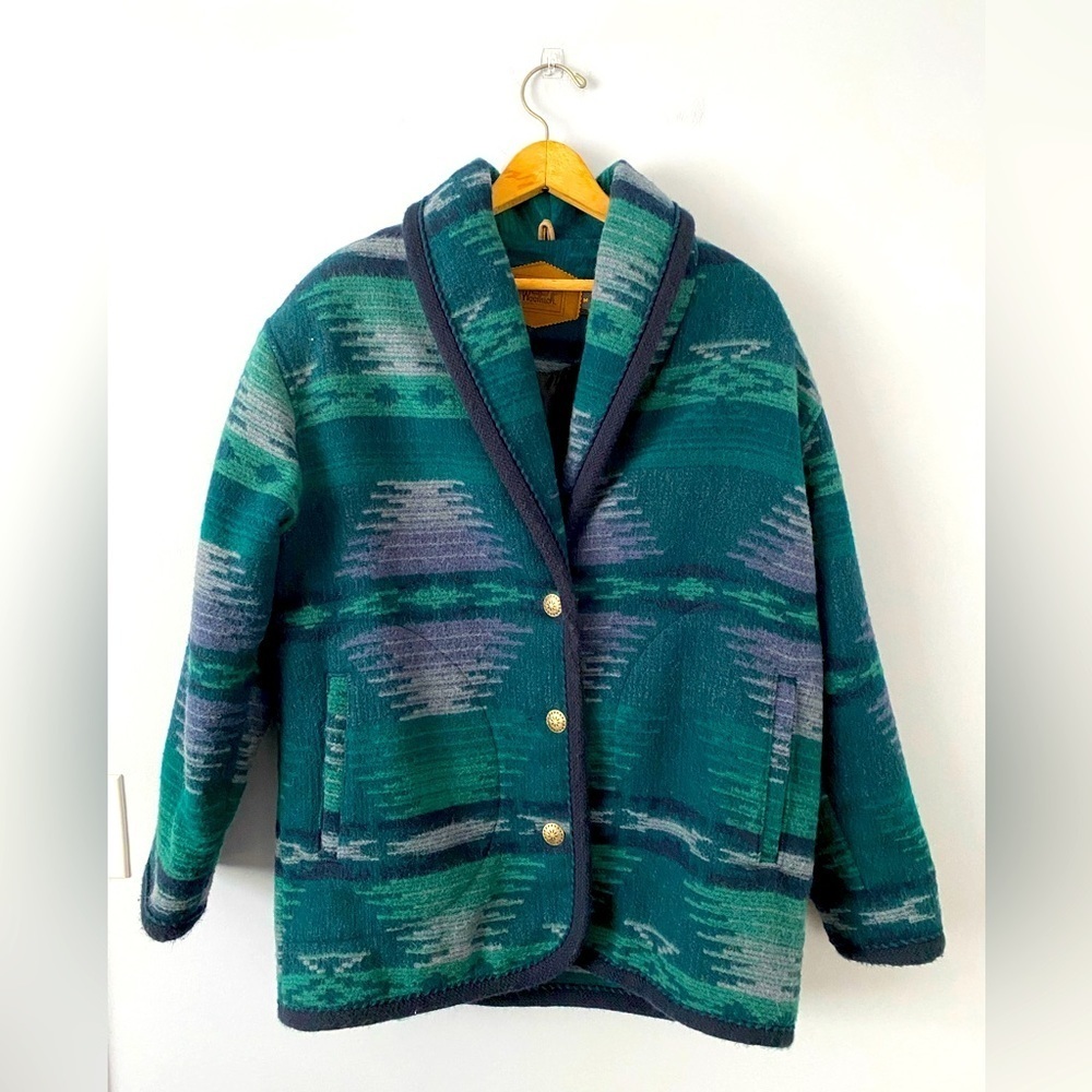 Vintage Woolrich Size Womens Medium Aztec Print Wool Chore Coat Shawl Collar